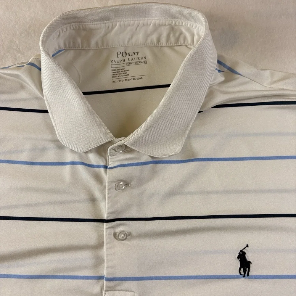 Polo Ralph Lauren White Blue Stripe Classic Fit Performance Shirt XXL Breathable